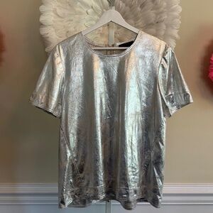 Donna Karen Silver Metallic Faux Leather Top Size M